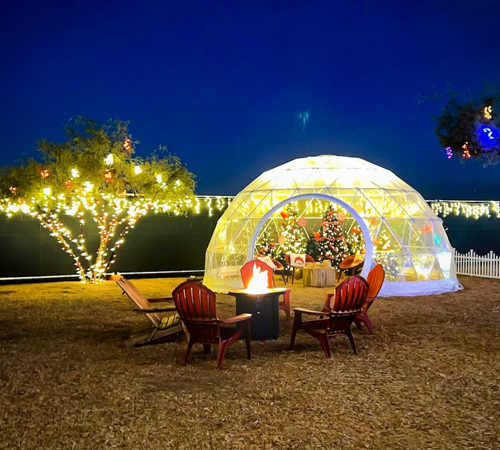 Festive outdoor nighttime scene featuring a glowing geodesic dome decorated with Christmas trees and lights. A fire pit surrounded by red Adirondack chairs sits in the foreground, with nearby trees wrapped in sparkling string lights under a dark blue sky.